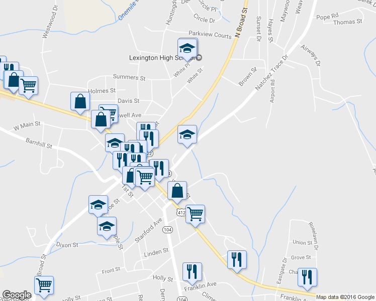 map of restaurants, bars, coffee shops, grocery stores, and more near 189 Natchez Trace Drive in Lexington