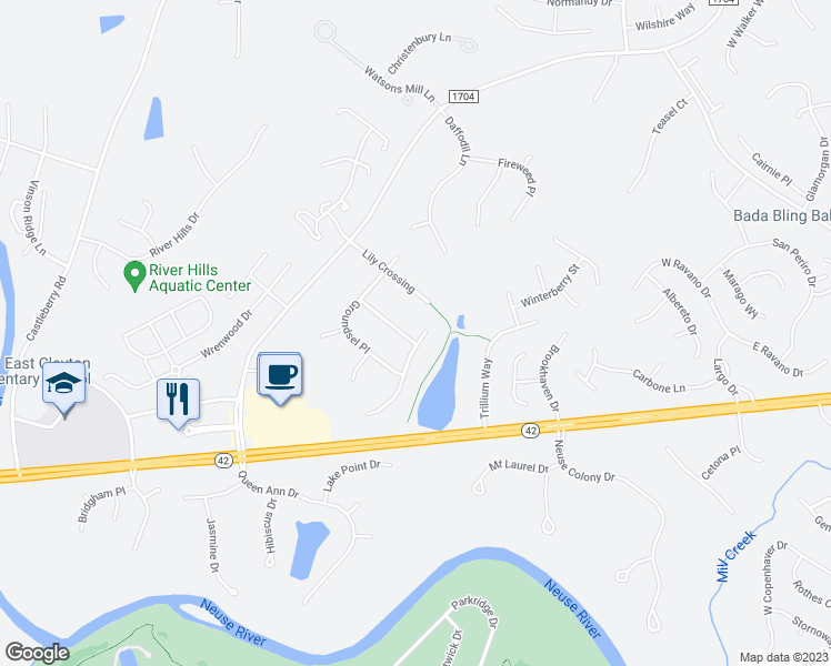 map of restaurants, bars, coffee shops, grocery stores, and more near 133 Mayflower Way in Clayton