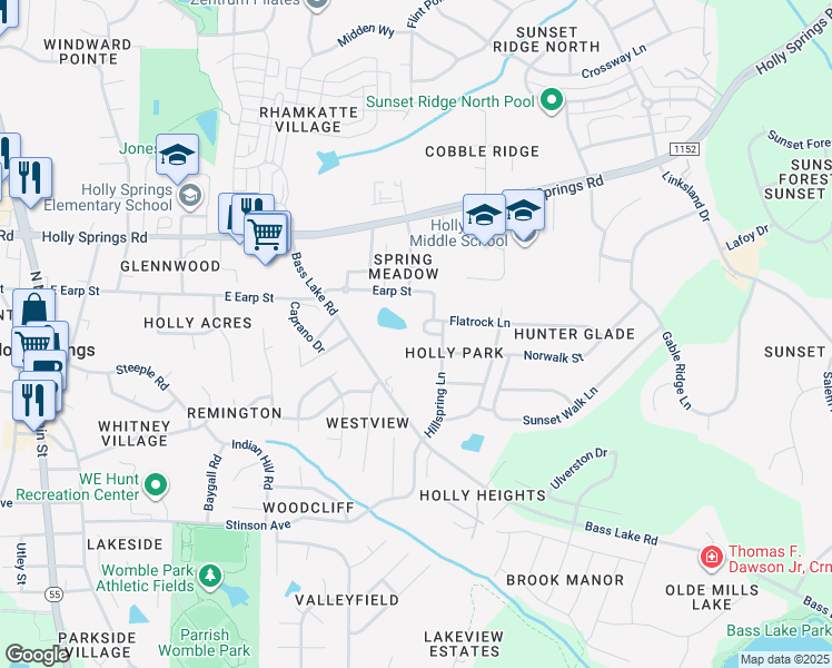 map of restaurants, bars, coffee shops, grocery stores, and more near 113 Flatrock Lane in Holly Springs