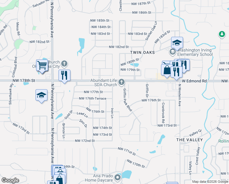 map of restaurants, bars, coffee shops, grocery stores, and more near 17720 Iron Lane in Edmond