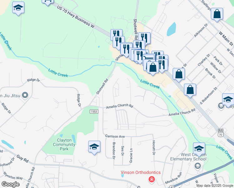 map of restaurants, bars, coffee shops, grocery stores, and more near 83 Sioux Lane in Clayton