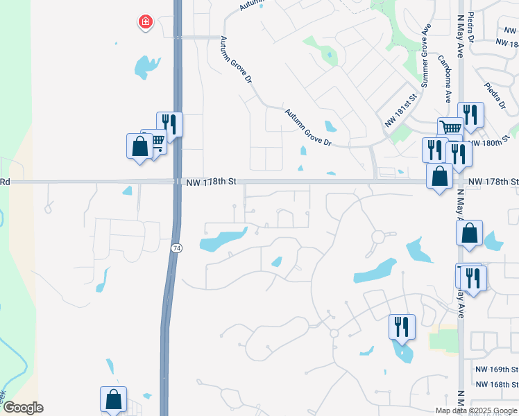 map of restaurants, bars, coffee shops, grocery stores, and more near 3505 Northwest 176th Court in Edmond