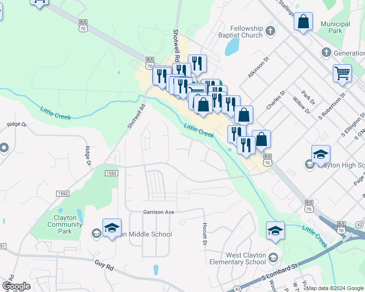 map of restaurants, bars, coffee shops, grocery stores, and more near 113 Sturbridge Drive in Clayton