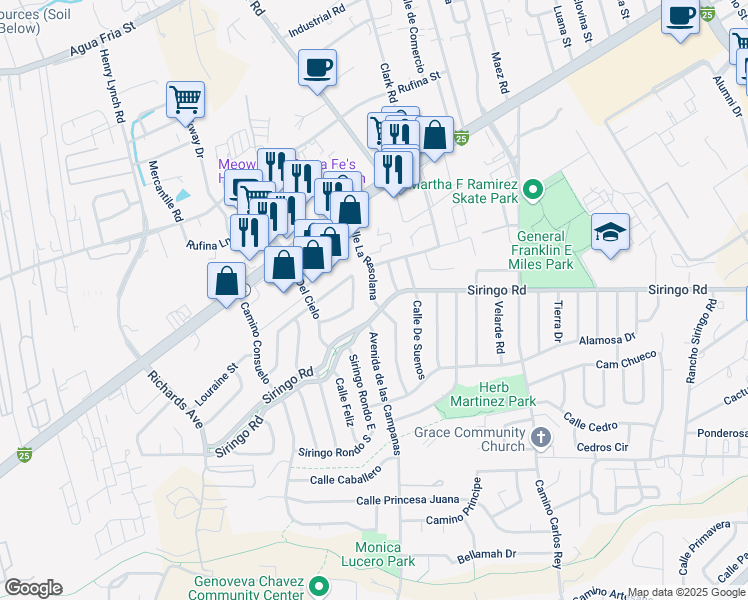 map of restaurants, bars, coffee shops, grocery stores, and more near Calle La Resolana in Santa Fe