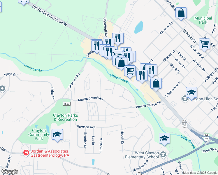 map of restaurants, bars, coffee shops, grocery stores, and more near 113 Sturbridge Drive in Clayton