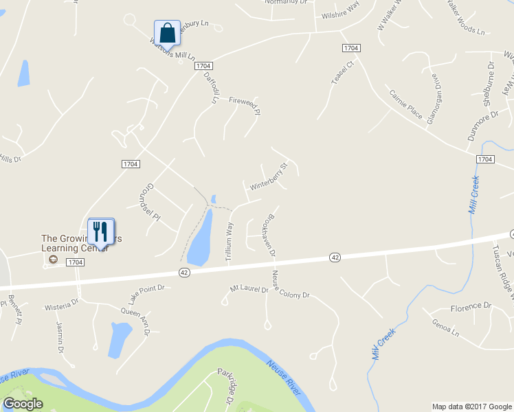 map of restaurants, bars, coffee shops, grocery stores, and more near 256 Trillium Way in Clayton