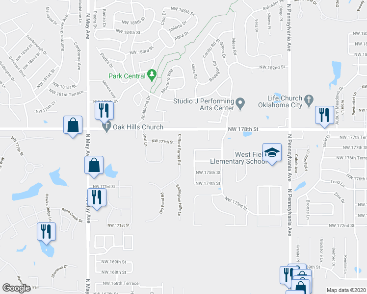 map of restaurants, bars, coffee shops, grocery stores, and more near 17736 Clifford Farms Road in Edmond