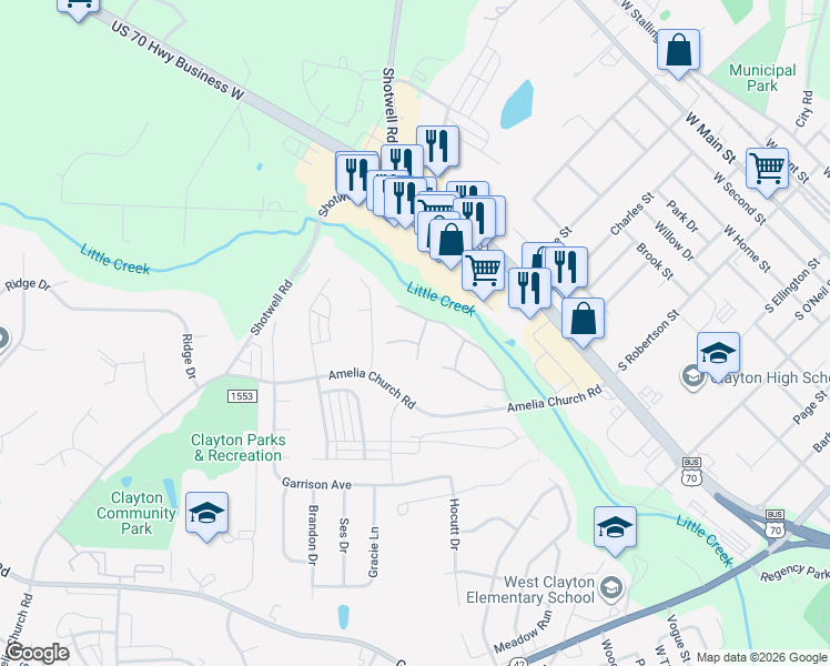 map of restaurants, bars, coffee shops, grocery stores, and more near 137 Sturbridge Drive in Clayton