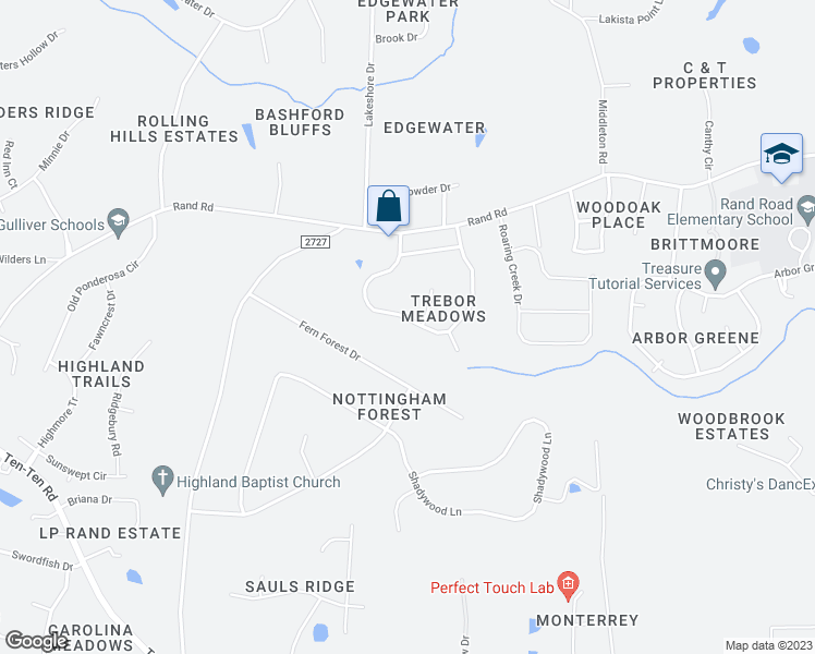 map of restaurants, bars, coffee shops, grocery stores, and more near 740 Trebor Drive in Garner
