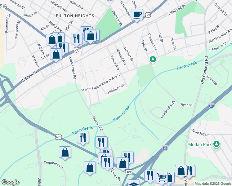 map of restaurants, bars, coffee shops, grocery stores, and more near 1429 Hillsboro Street in Salisbury