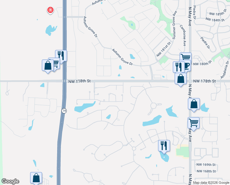map of restaurants, bars, coffee shops, grocery stores, and more near 3337 Northwest 177th Court in Edmond