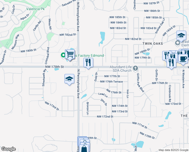 map of restaurants, bars, coffee shops, grocery stores, and more near 17717 Gold Drive in Edmond