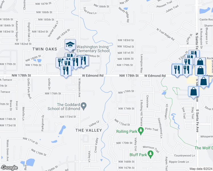 map of restaurants, bars, coffee shops, grocery stores, and more near 620 Northwest 178th Street in Edmond