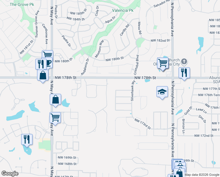 map of restaurants, bars, coffee shops, grocery stores, and more near 17736 Clifford Farms Road in Edmond