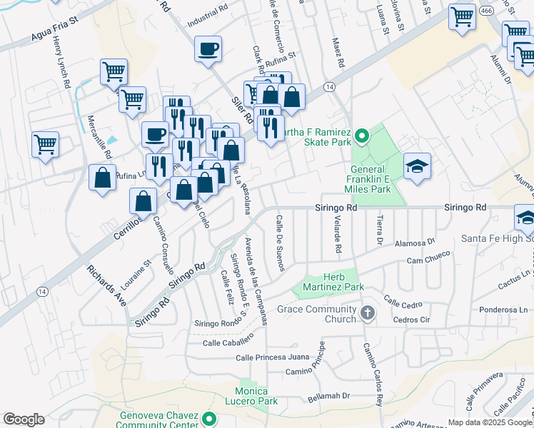 map of restaurants, bars, coffee shops, grocery stores, and more near 2904 Siringo Road in Santa Fe