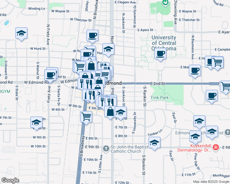 map of restaurants, bars, coffee shops, grocery stores, and more near 215 East 3rd Street in Edmond