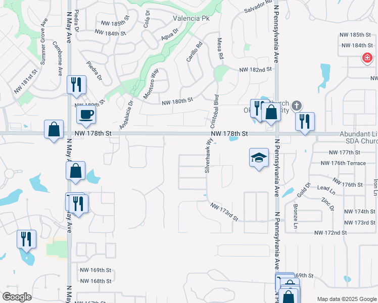 map of restaurants, bars, coffee shops, grocery stores, and more near 2421 Northwest 177th Street in Edmond