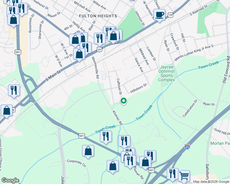 map of restaurants, bars, coffee shops, grocery stores, and more near 402 Klumac Road in Salisbury