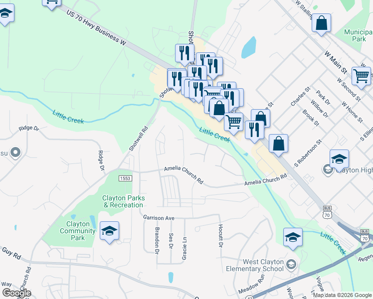 map of restaurants, bars, coffee shops, grocery stores, and more near 108 Verrazano Place in Clayton