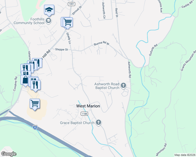 map of restaurants, bars, coffee shops, grocery stores, and more near 168 Devonwood Drive in Marion