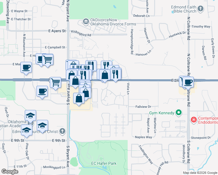map of restaurants, bars, coffee shops, grocery stores, and more near 1920 East 2nd Street in Edmond