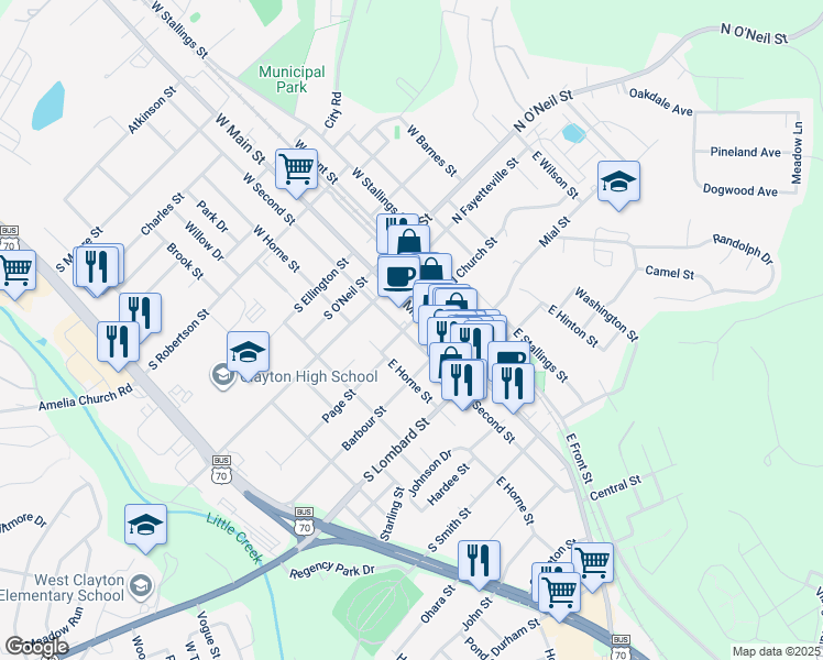 map of restaurants, bars, coffee shops, grocery stores, and more near 109 South Church Street in Clayton