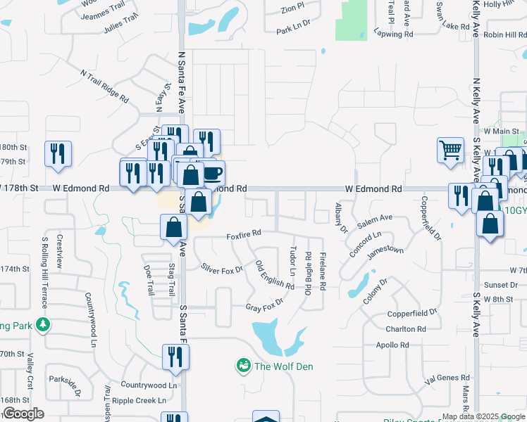 map of restaurants, bars, coffee shops, grocery stores, and more near 1917 Longhorn Drive in Edmond
