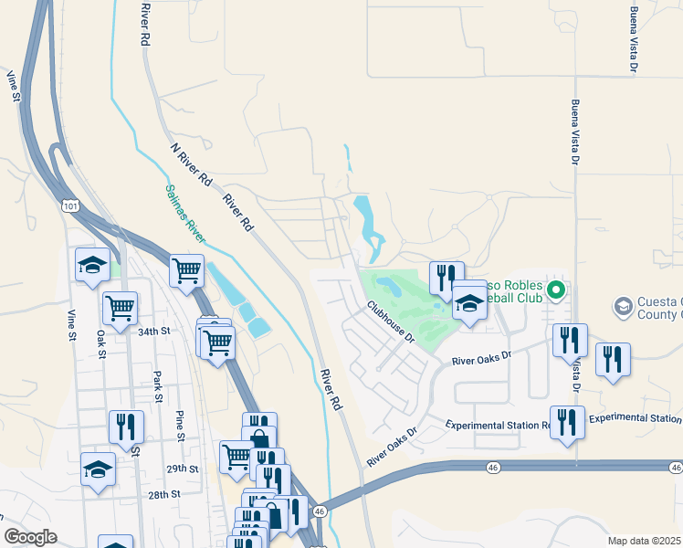 map of restaurants, bars, coffee shops, grocery stores, and more near 677 Robie Court in Paso Robles
