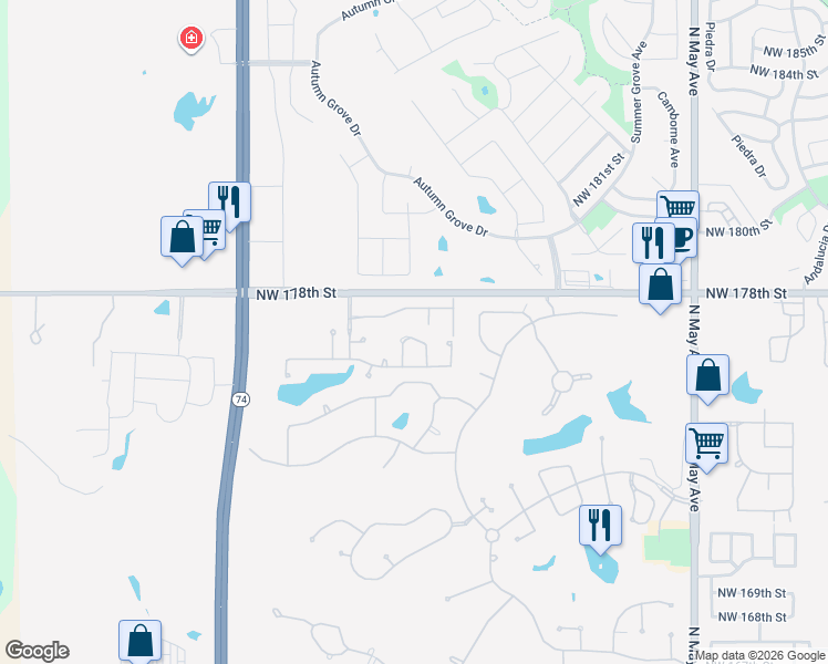 map of restaurants, bars, coffee shops, grocery stores, and more near 3337 Northwest 177th Court in Edmond