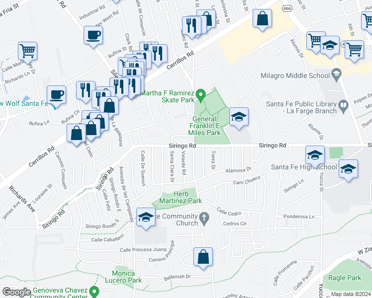 map of restaurants, bars, coffee shops, grocery stores, and more near 1027 Velarde Road in Santa Fe
