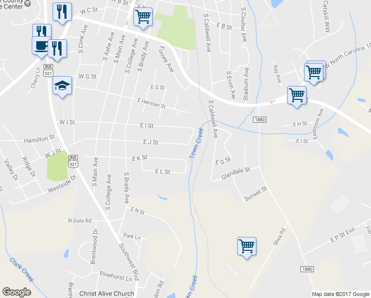 map of restaurants, bars, coffee shops, grocery stores, and more near 519 East J Street in Newton