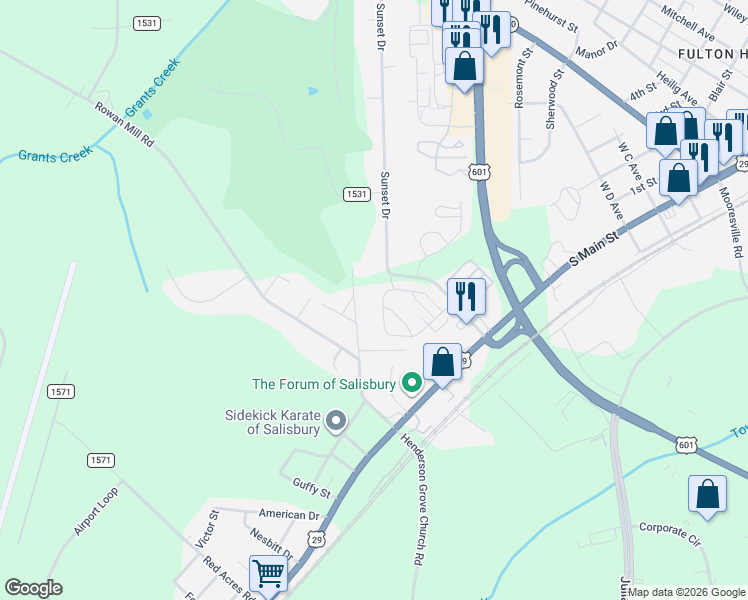 map of restaurants, bars, coffee shops, grocery stores, and more near 324 Balfour Drive in Salisbury