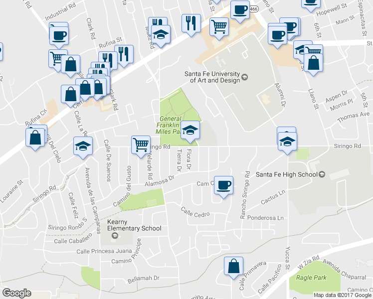 map of restaurants, bars, coffee shops, grocery stores, and more near 1024 Flora Drive in Santa Fe