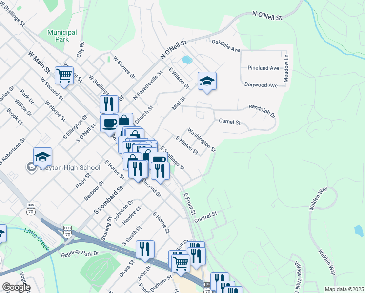 map of restaurants, bars, coffee shops, grocery stores, and more near 415 East Hinton Street in Clayton