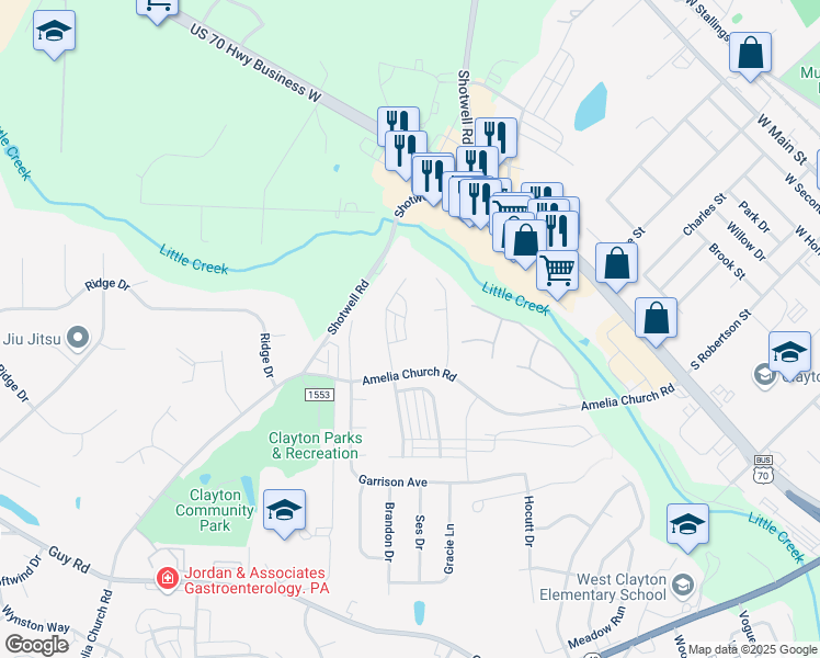 map of restaurants, bars, coffee shops, grocery stores, and more near 78 Sioux Lane in Clayton