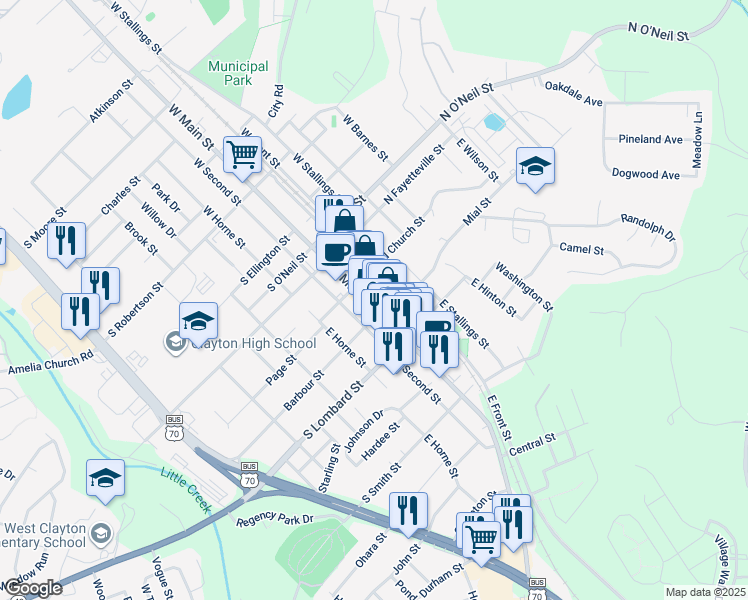 map of restaurants, bars, coffee shops, grocery stores, and more near 220 East Main Street in Clayton