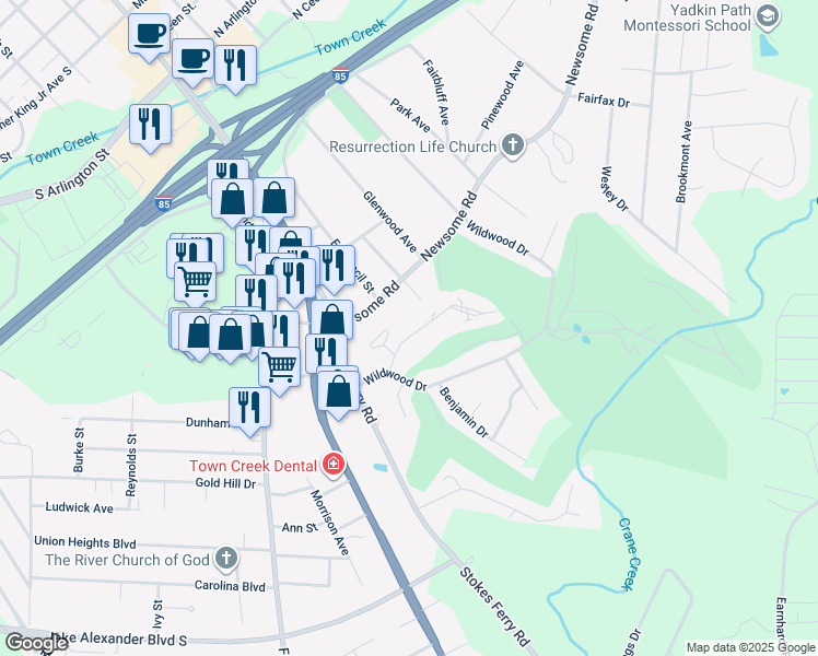 map of restaurants, bars, coffee shops, grocery stores, and more near 208 Eastwood Drive in Salisbury