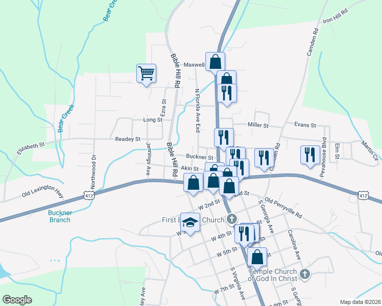 map of restaurants, bars, coffee shops, grocery stores, and more near 132 Buckner Street in Parsons