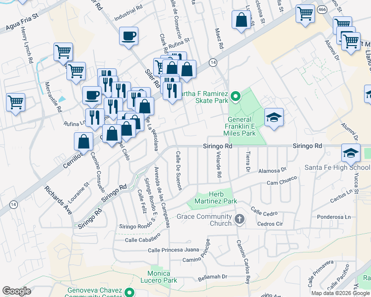 map of restaurants, bars, coffee shops, grocery stores, and more near 1028 Calle Margarita in Santa Fe