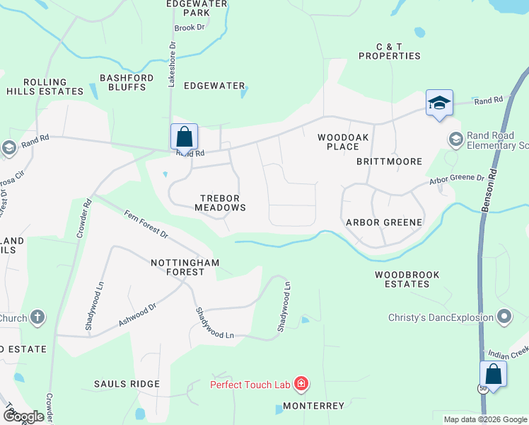 map of restaurants, bars, coffee shops, grocery stores, and more near 190 Roaring Creek Drive in Garner