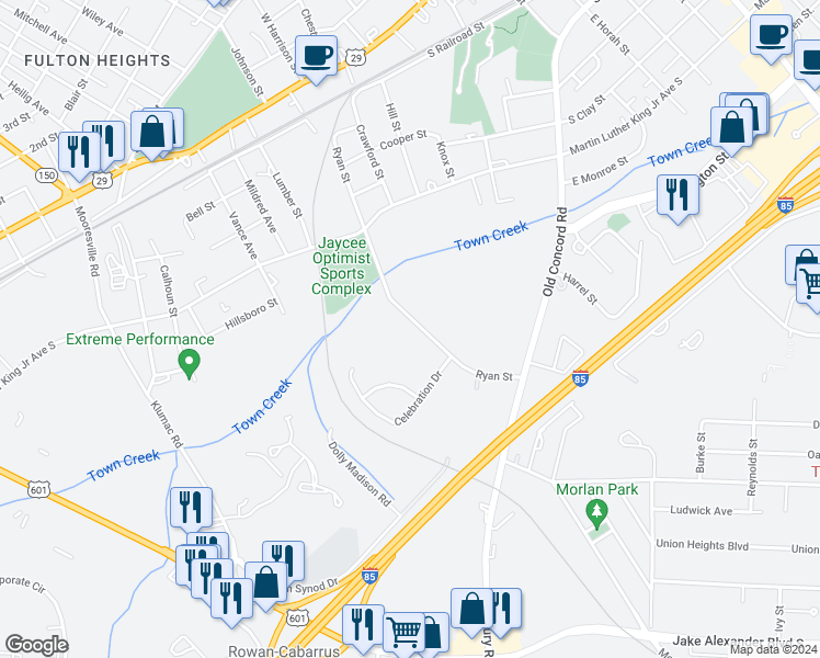 map of restaurants, bars, coffee shops, grocery stores, and more near 723 Ryan Street in Salisbury