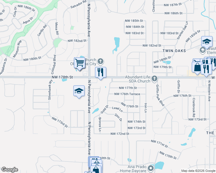 map of restaurants, bars, coffee shops, grocery stores, and more near 1925 Northwest 177th Street in Edmond