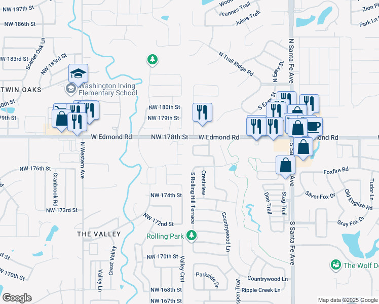 map of restaurants, bars, coffee shops, grocery stores, and more near 313 Pheasant Run in Edmond