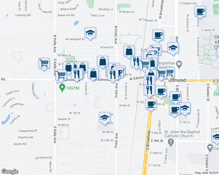 map of restaurants, bars, coffee shops, grocery stores, and more near 409 Fretz Avenue in Edmond
