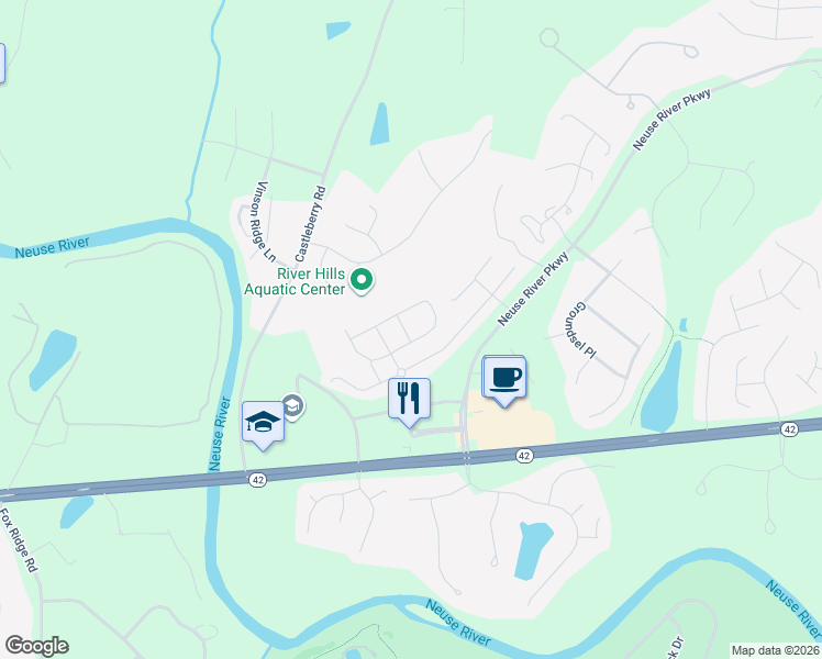 map of restaurants, bars, coffee shops, grocery stores, and more near 26 Bordeaux Drive in Clayton