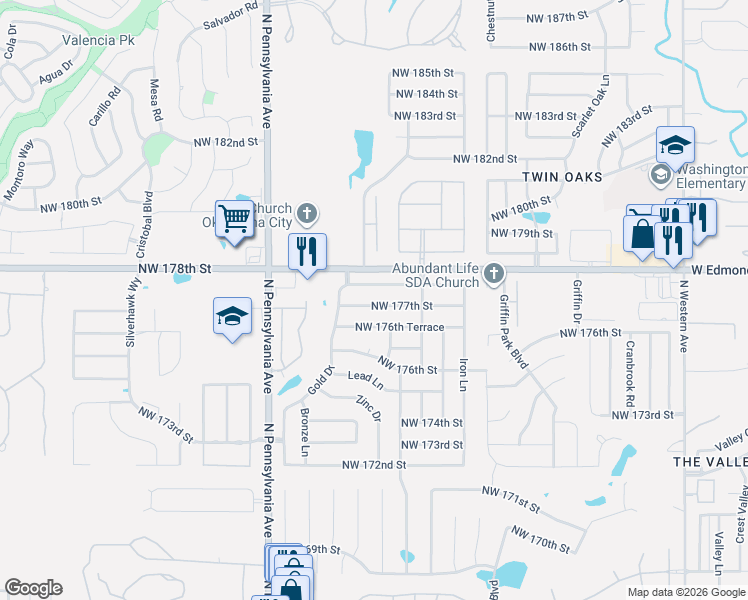 map of restaurants, bars, coffee shops, grocery stores, and more near 1901 Northwest 177th Street in Edmond