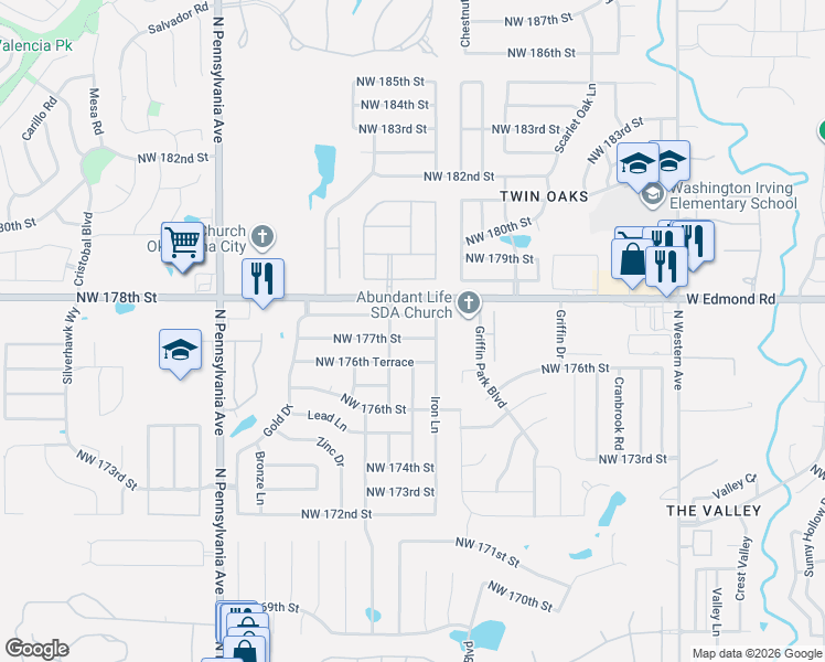 map of restaurants, bars, coffee shops, grocery stores, and more near 1713 Northwest 177th Street in Edmond
