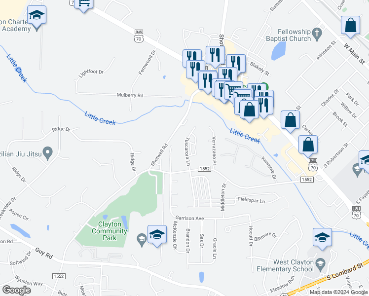 map of restaurants, bars, coffee shops, grocery stores, and more near 137 Tuscarora Lane in Clayton