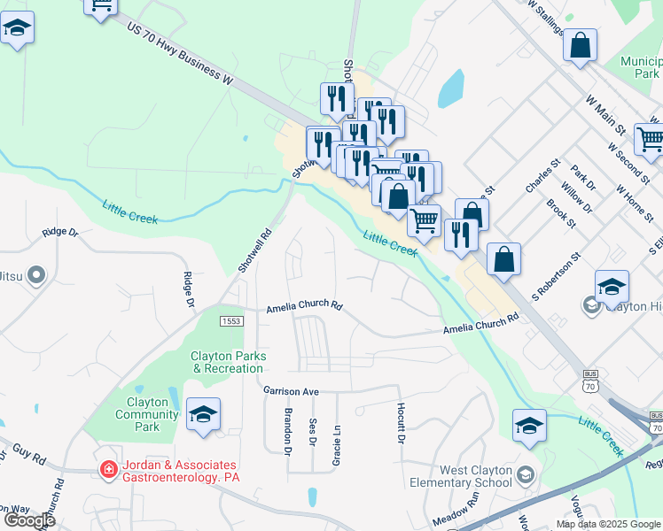 map of restaurants, bars, coffee shops, grocery stores, and more near 107 Verrazano Place in Clayton