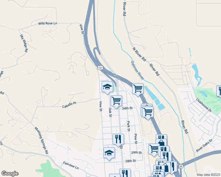 map of restaurants, bars, coffee shops, grocery stores, and more near 3600 Oak Street in Paso Robles